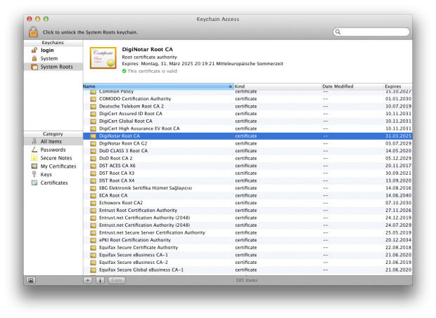 Diginotar-Zertifikate unter Mac OS X